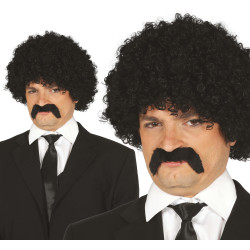 Pánská černá kudrnatá paruka s knírem