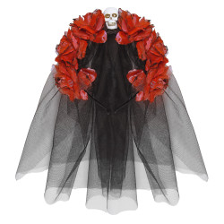 Závoj černý halloweenský s lebkou a květy