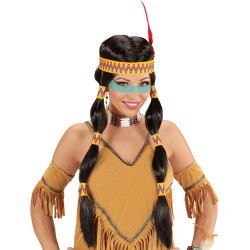 Černá paruka indiánky s culíky a čelenkou