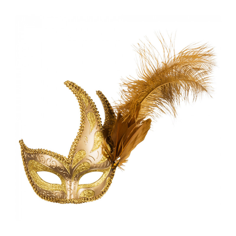 Zlatá škraboška s peřím