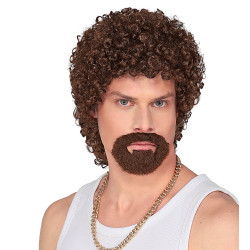 Hnědá pánská kudrnatá paruka s vousy