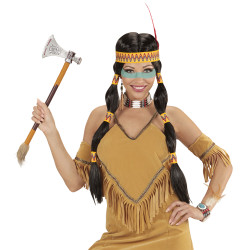 Černá paruka indiánky s culíky a čelenkou