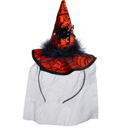 Oranžový mini klobouk čarodějnice s pavoukem
