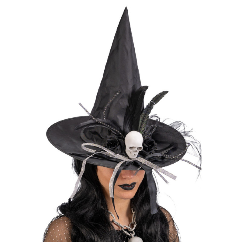 Černý čarodějnický klobouk s lebkou a ozdobami