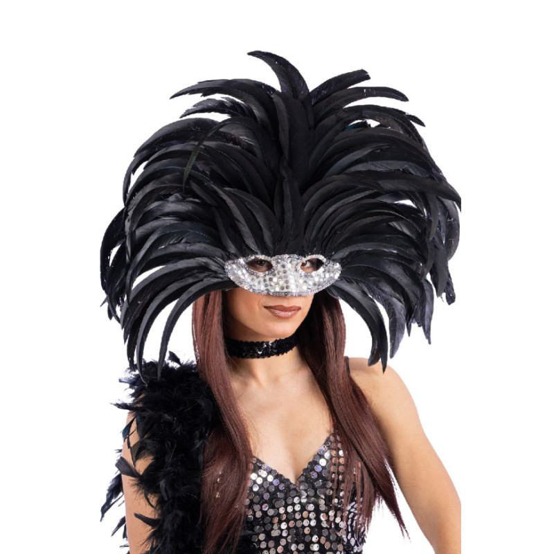 Brazilská čelenka z černého peří s maskou