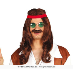 Pánská hnědá hippie paruka s čelenkou a knírem