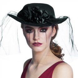 Klobouk dámský černý se závojem s pavouky