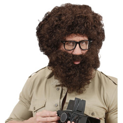 Paruka s vousy - hnědá kudrnatá