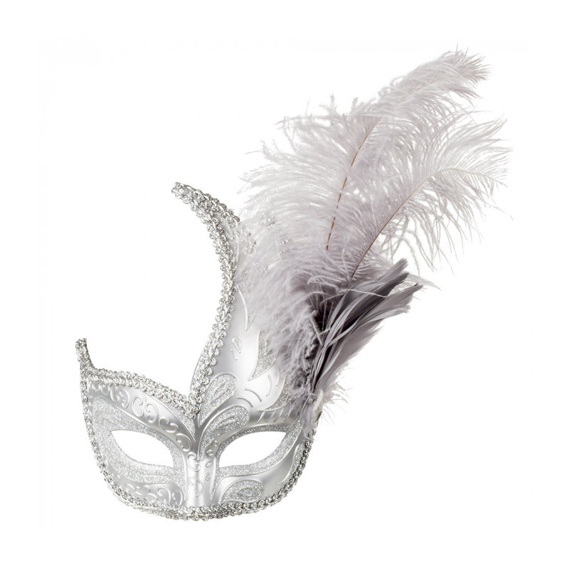 Stříbrná benátská škraboška s peřím