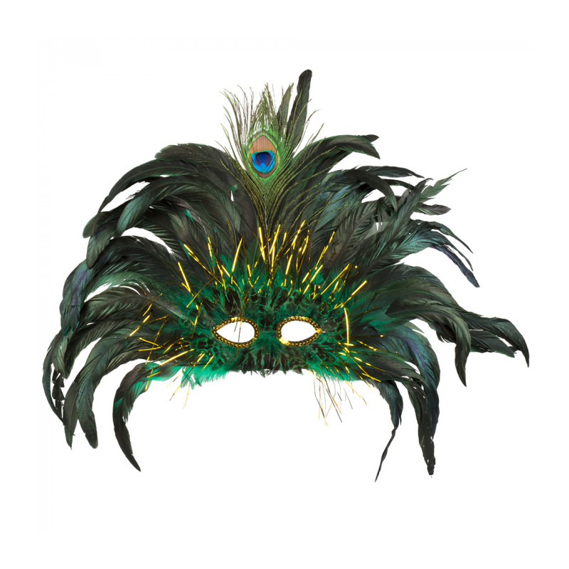Zelená maska s perím na karneval