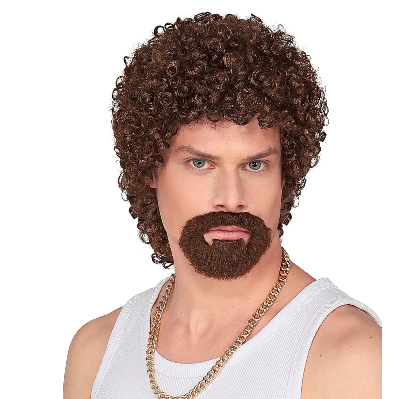 Hnedá pánska kučeravá parochňa s fúzmi