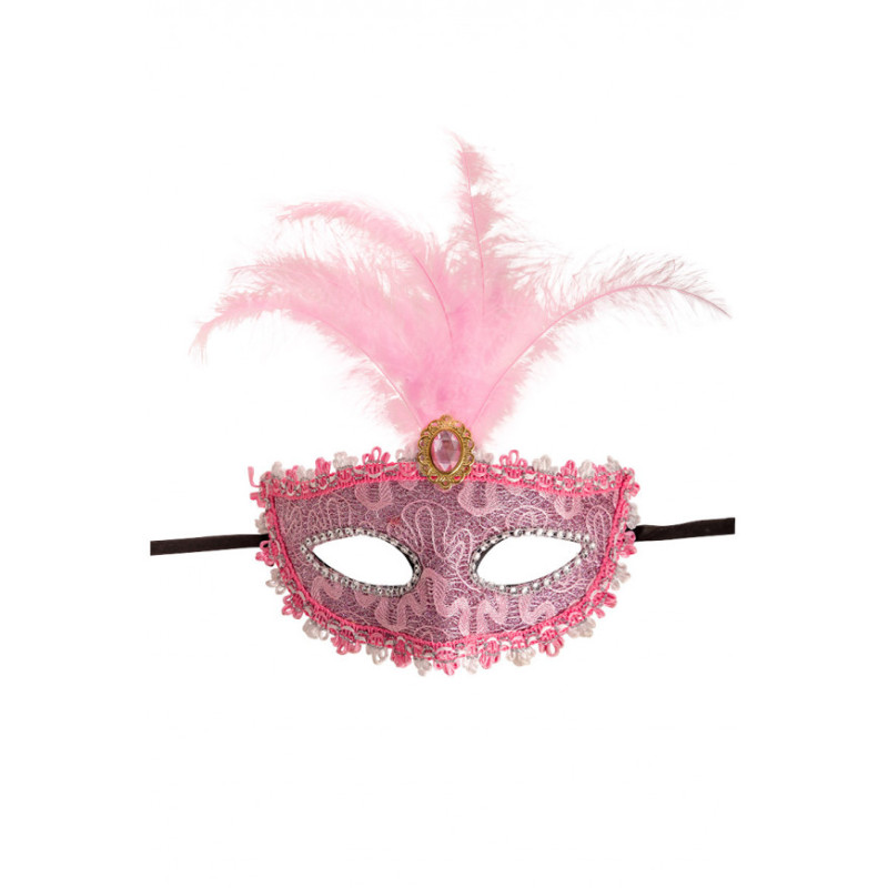 Růžová škraboška s peřím