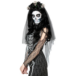 Čierny halloweenský závoj s lebkami