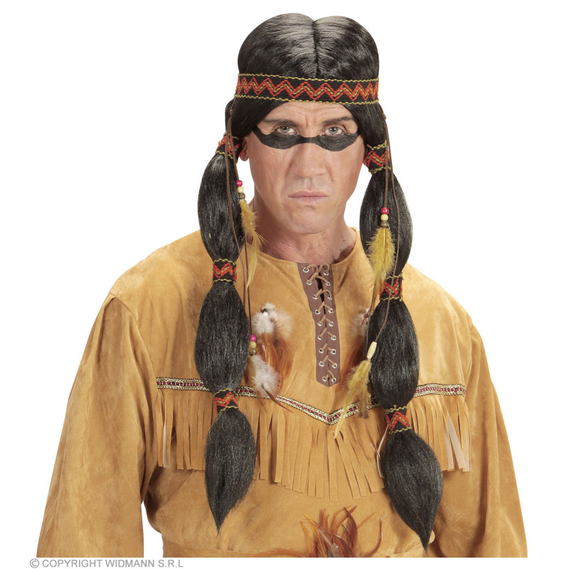 Čierna indiánska parochňa s copmi a čelenkou