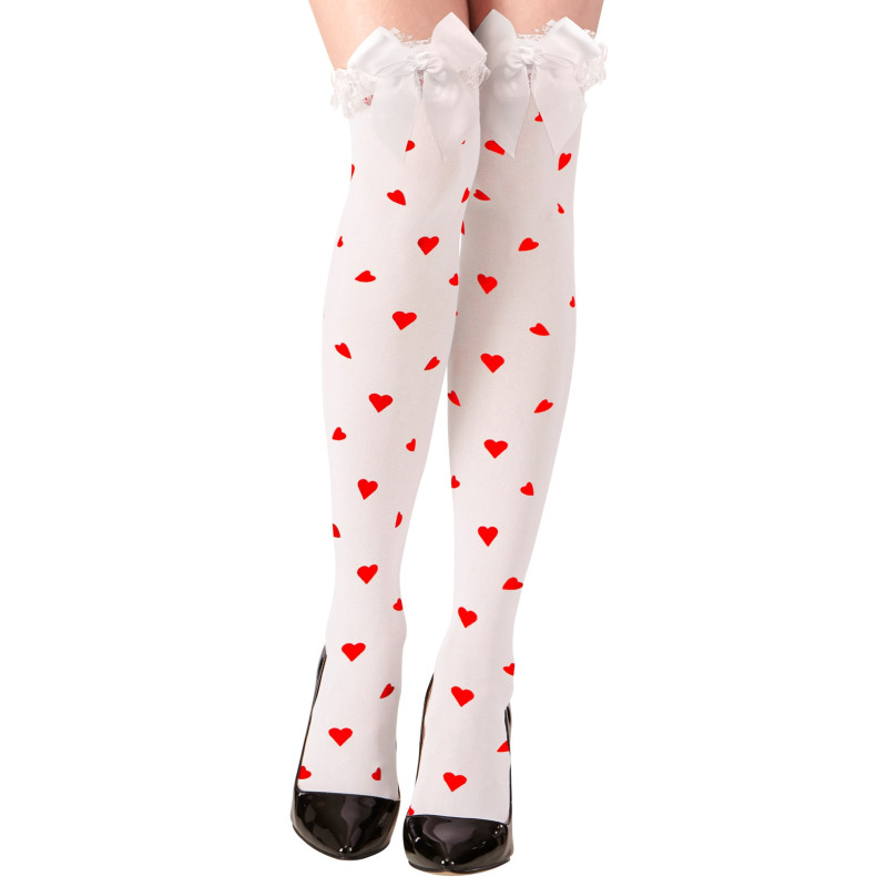 Dámské bílé nadkolenky se srdíčky a mašlí