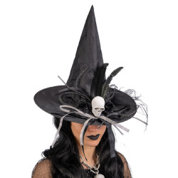 Černý čarodějnický klobouk s lebkou a ozdobami