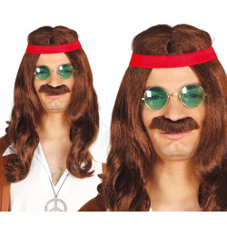 Pánska hnedá hippie parochňa s čelenkou a fúzmi