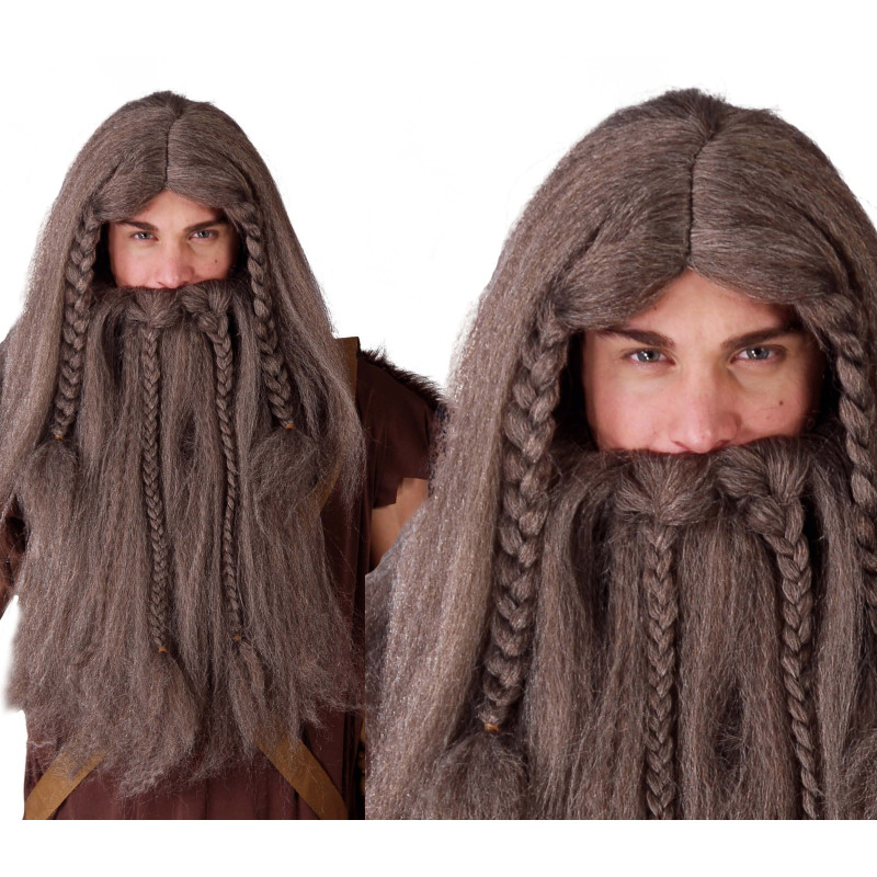 Hnědá paruka s plnovousem vikingská