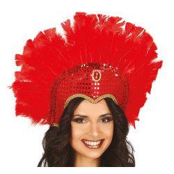 Červená péřová čelenka s flitry Samba